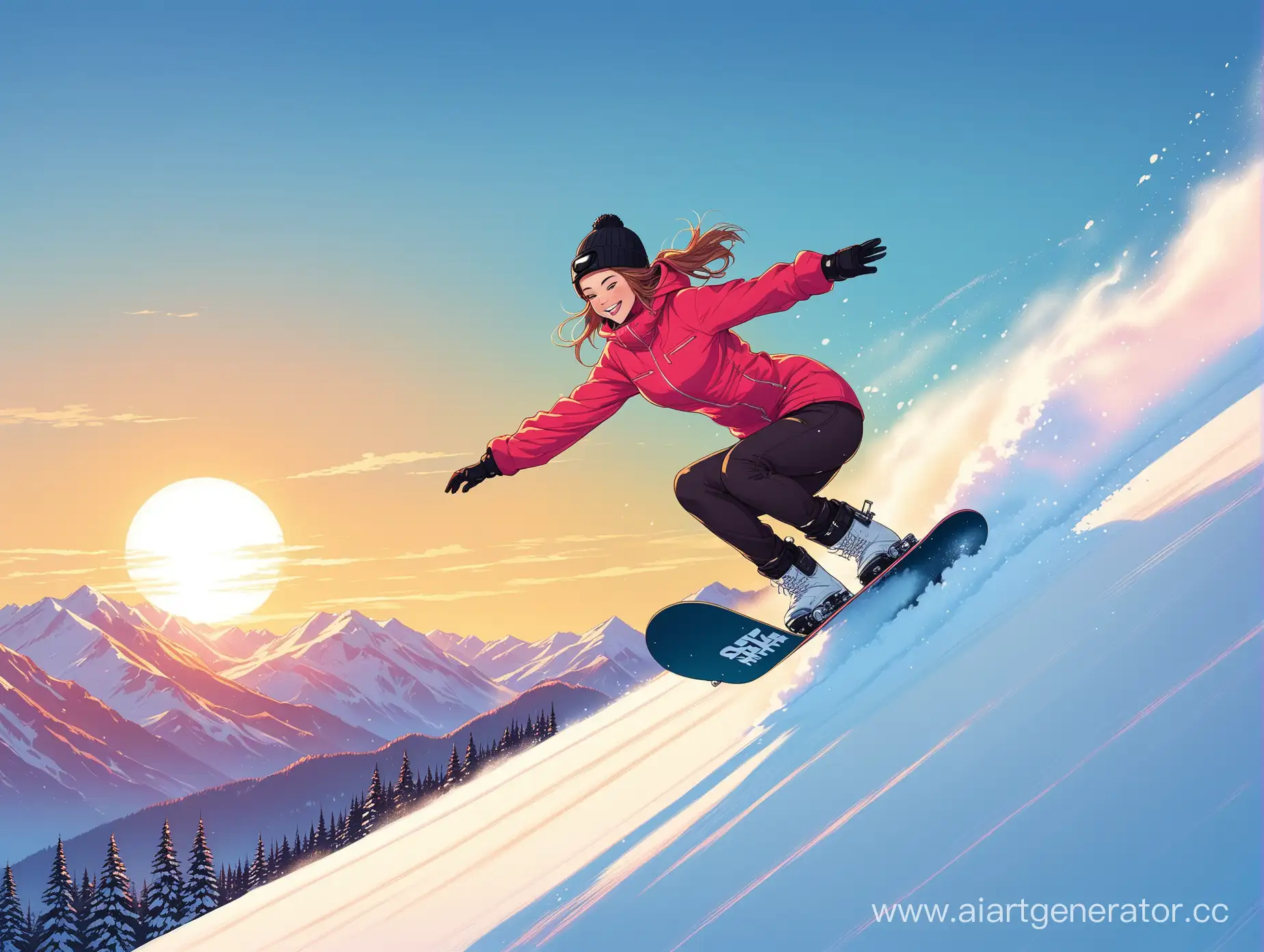 beautiful girl planes a snowboard
