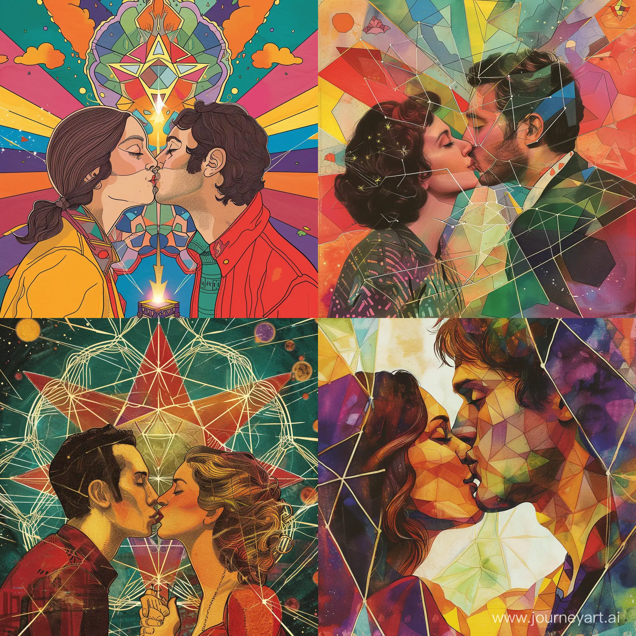 Ilustration, woman and man kissing, many colours, geometric forms, psicomagic force, tarot, 
