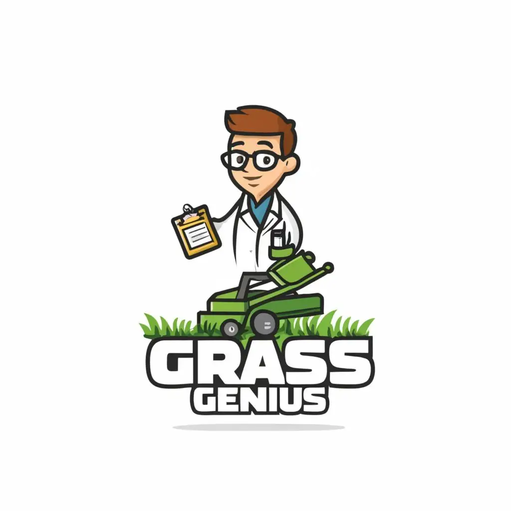 logo, nerd with clipboard and lab coat,
 lawnmower, with the text "Grass Genius", typography, be used in Animals Pets industry