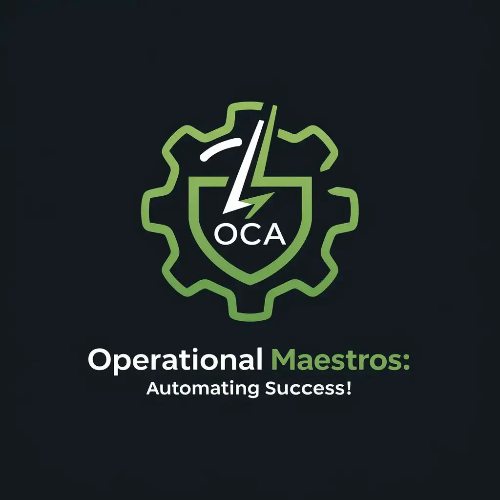 Logo Concept: The logo could be a stylized gear (symbolizing automation and operations) interlocked with a lightning bolt (representing speed and efficiency) and a shield (representing the protection and value delivered to the customer). The initials "OCA" wll be incorporated into the design, within the gear or the shield. Put below the logo the sentence: "Operational Maestros: Automating Success!" Make the logo with a maximun of three colors. Black or white background. Green logo