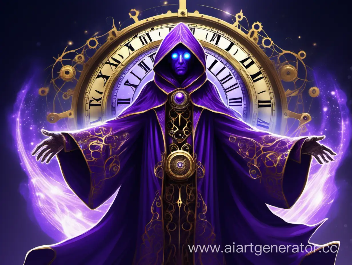 An entity that controls time. The character is dressed in a long cloak of purple material with golden patterns, and his eyes glow with a blue light. On his back is a magical clockwork mechanism symbolising the control of time.