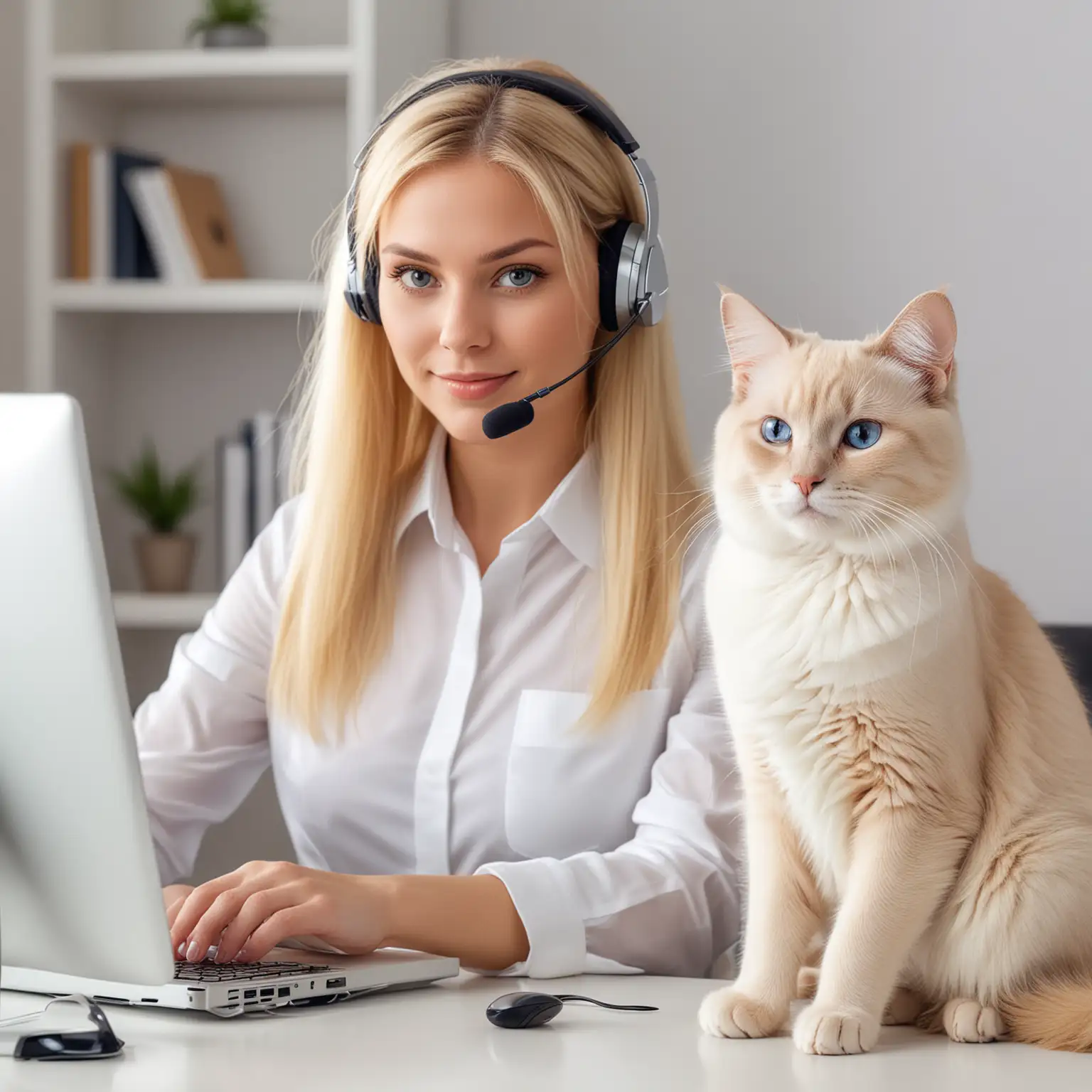 contact center agent working from home with ragdoll cat, realitic woman with blonde hair, smooth and luxurious, futuristic imaging with an empathetic look.