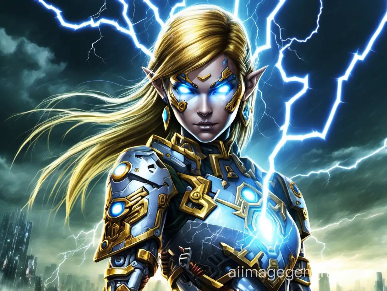 Cyborg-Zelda-in-Futuristic-Landscape-Amidst-Lightning-Strikes