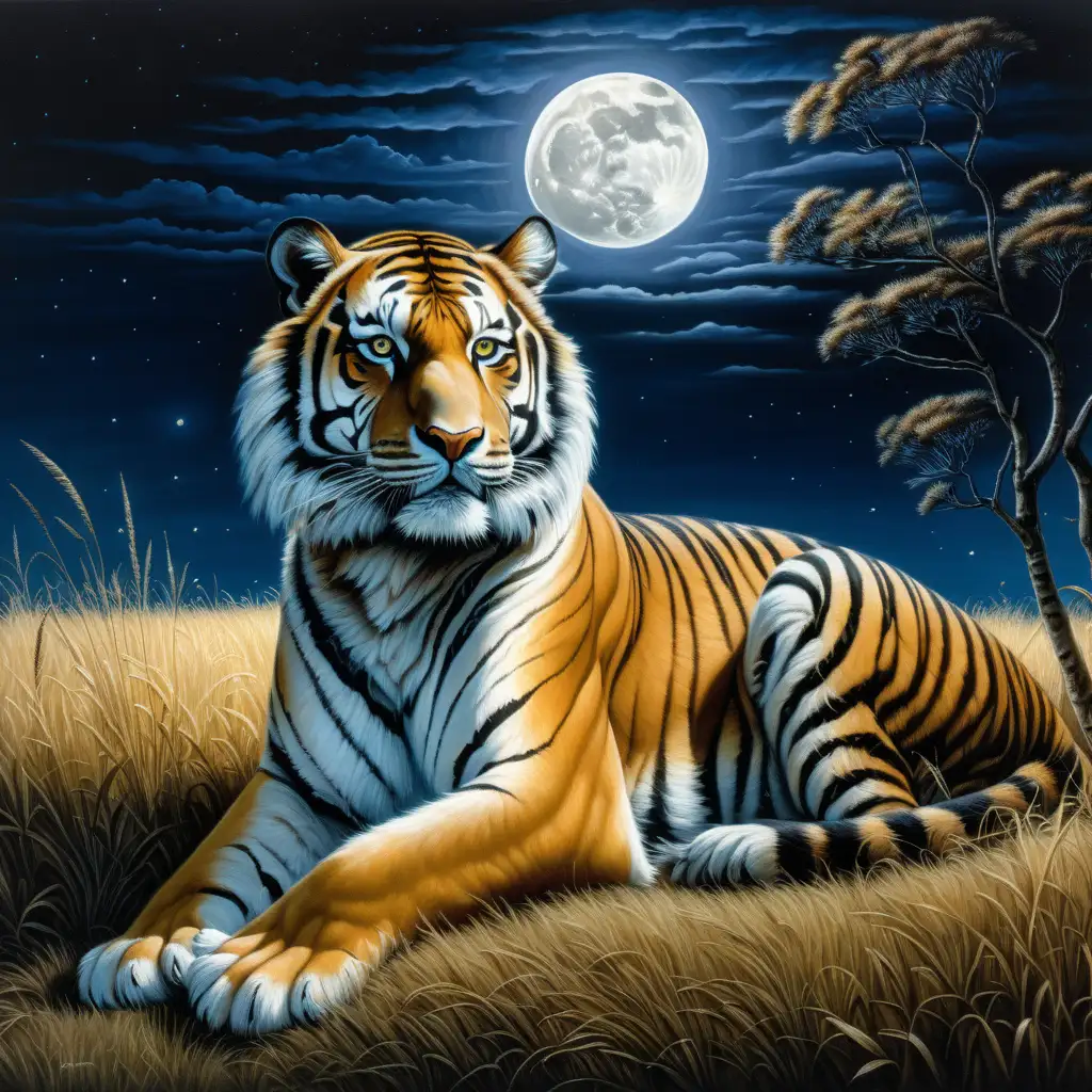 A beautiful realistic painting of a tiger sitting in the grassy fields of a savanna, with fur highly detailed with well-defined stripes and eyes intense yet calm. Behind the tiger is a large, glowing moon that casts an ethereal light upon the scene. The night sky is painted in deep blues and blacks, dotted with soft clouds. Silhouettes of distant trees stand against the golden hue of the moonlight. The image is rendered with a nikon 80d camera, ultra-high-definition resolution, 24k colors, and no grain.