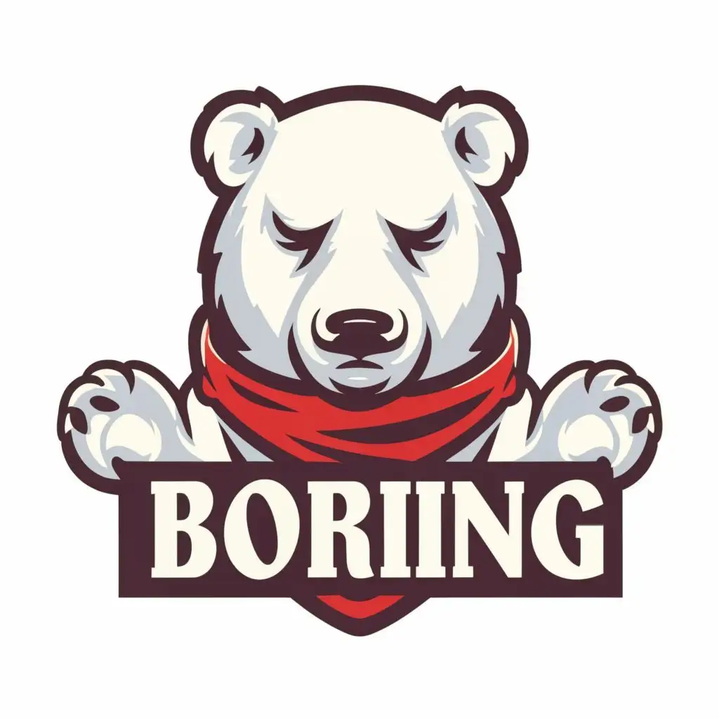 logo, boring and sad white bear with a red scarf, with the text "boring", typography, be used in Retail industry
