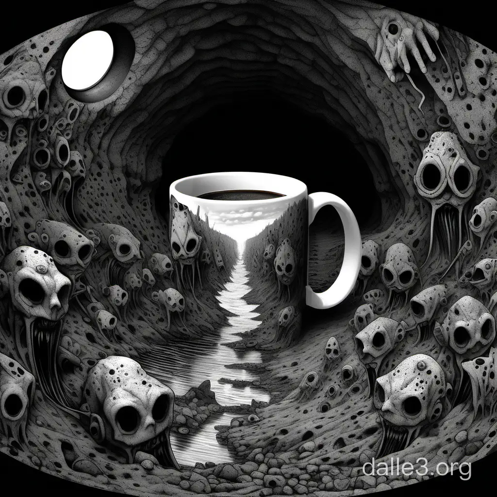 hellish eared mug, closed cave, in the foreground, a long-eared mug looks close to the camera, fish-eye, deep holes, parallel, dark holes, between two top and bottom coal strongholds, in the middle of bitumen, with devils and vipers, pencil graphics, surrealism, palette black cinnabar,insanely detailed and intricate,Hyper detailed