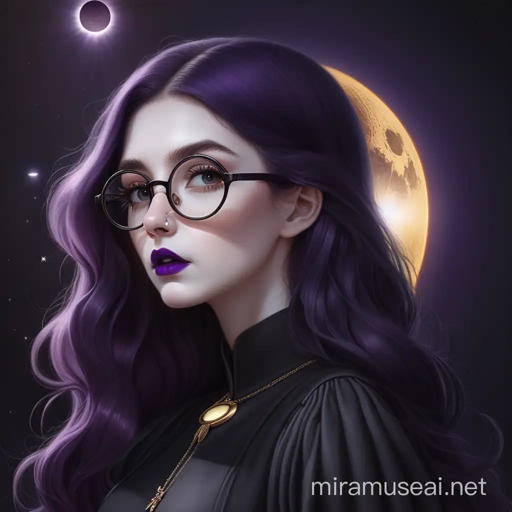 Pale white  woman  with  big glossy lip pout and rosey nose with round eyeglasses and long dark purple hair  in long black dress with bishop sleeves under a total solar eclipse 