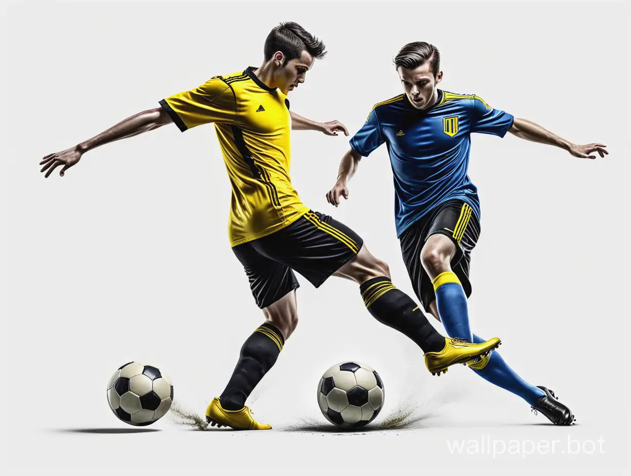 соккер . игрок в черно-желтой  форме обводит игрока в синей  форме и сильно бьет по мячу . высокая реалистичность и детализация. белый фон