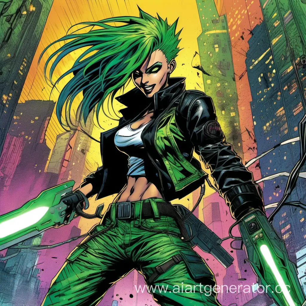 90s comics art, attack move, full height figure, cyberpunk, female fighter, green hair, plasma spear, black glass, slender, crazy smile, aggressive, colored