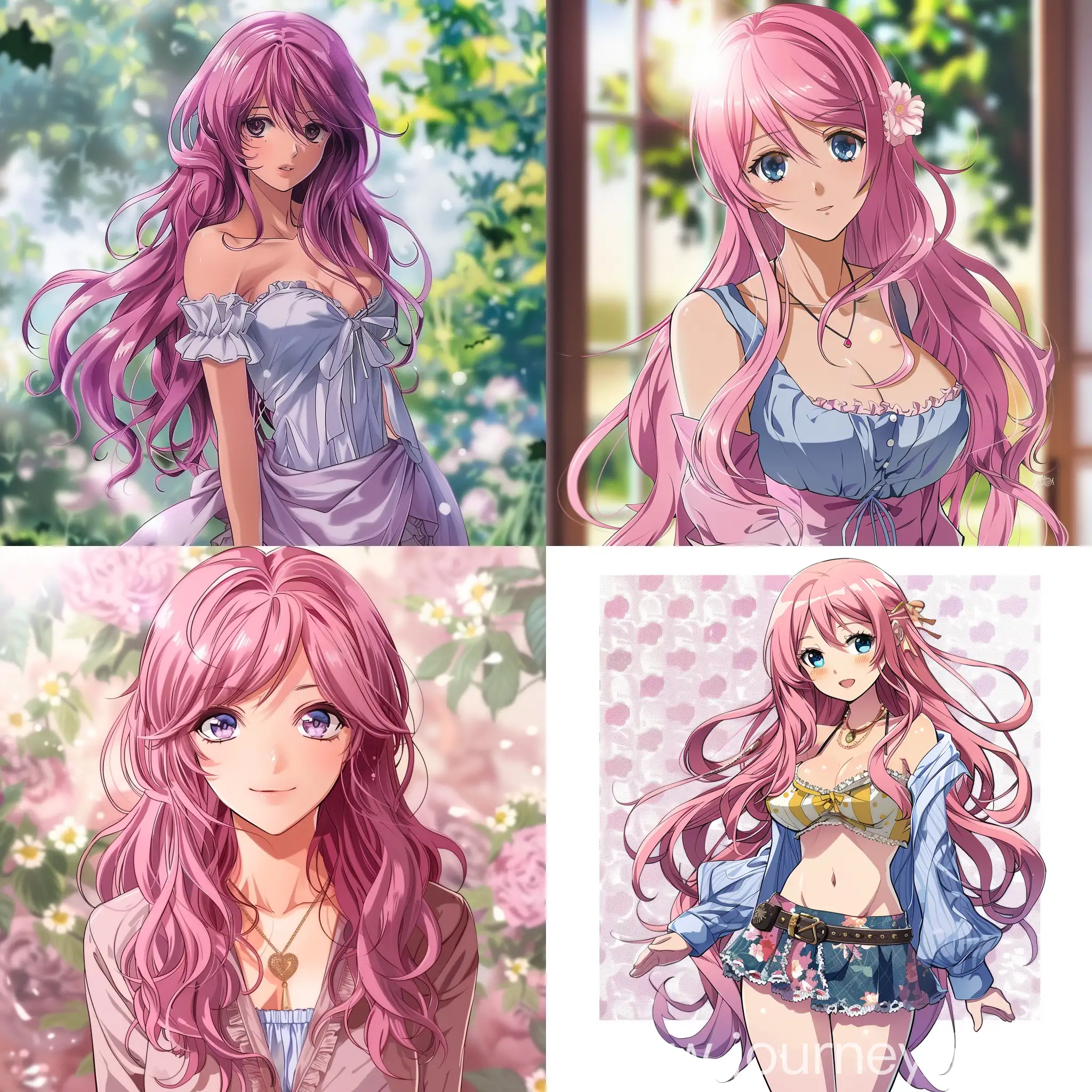 A pretty, young woman, long pink hair, wearing feminine clothes, with background, anime style