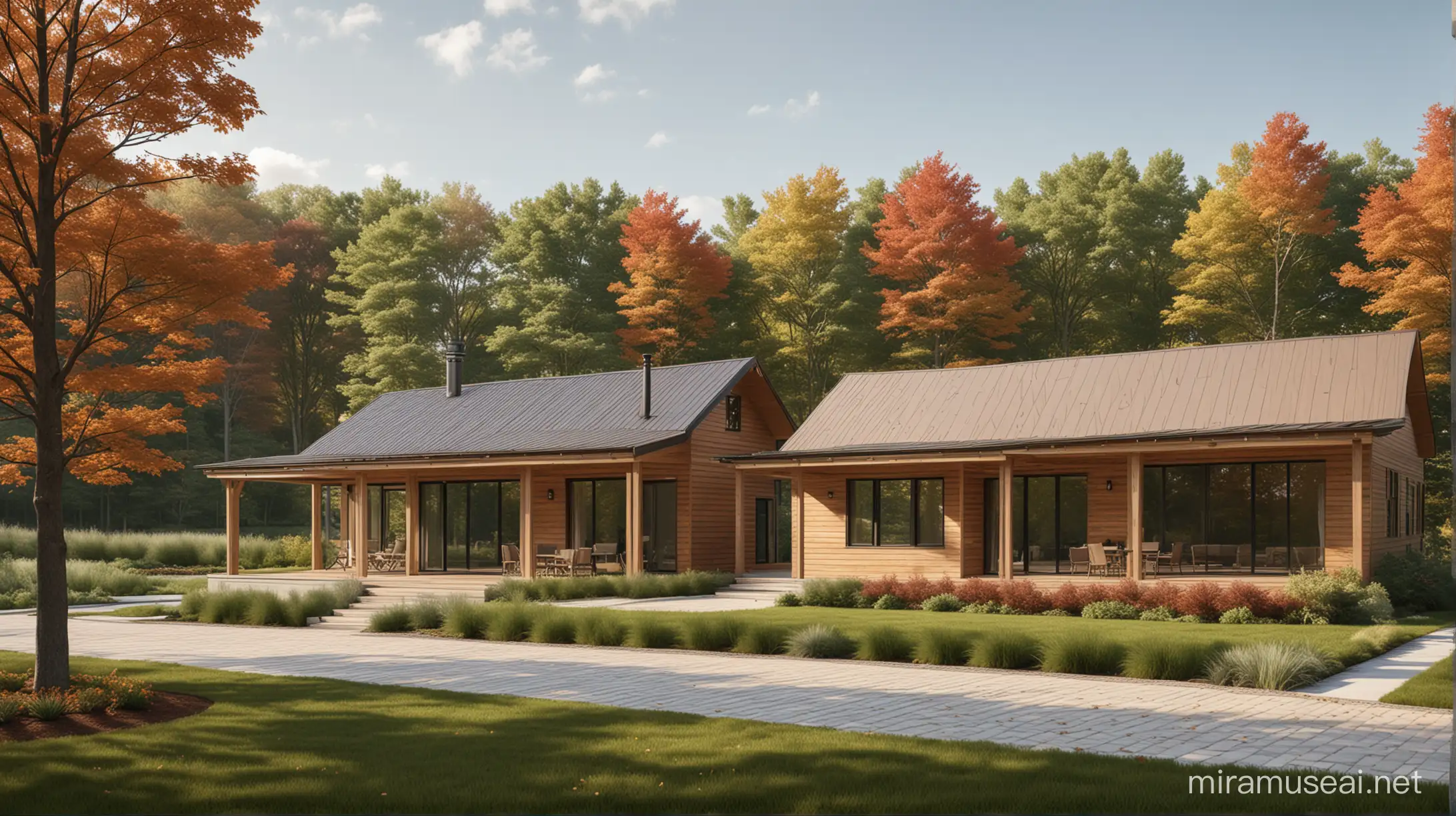 photorealistic rendering of east coast canadian cabins, modern, white oak planks and bronze standing seam roof, with a stand of deciduous trees in the background. The foreground is green grass, with leaves and a low red brick planting bed. Autumn scene.