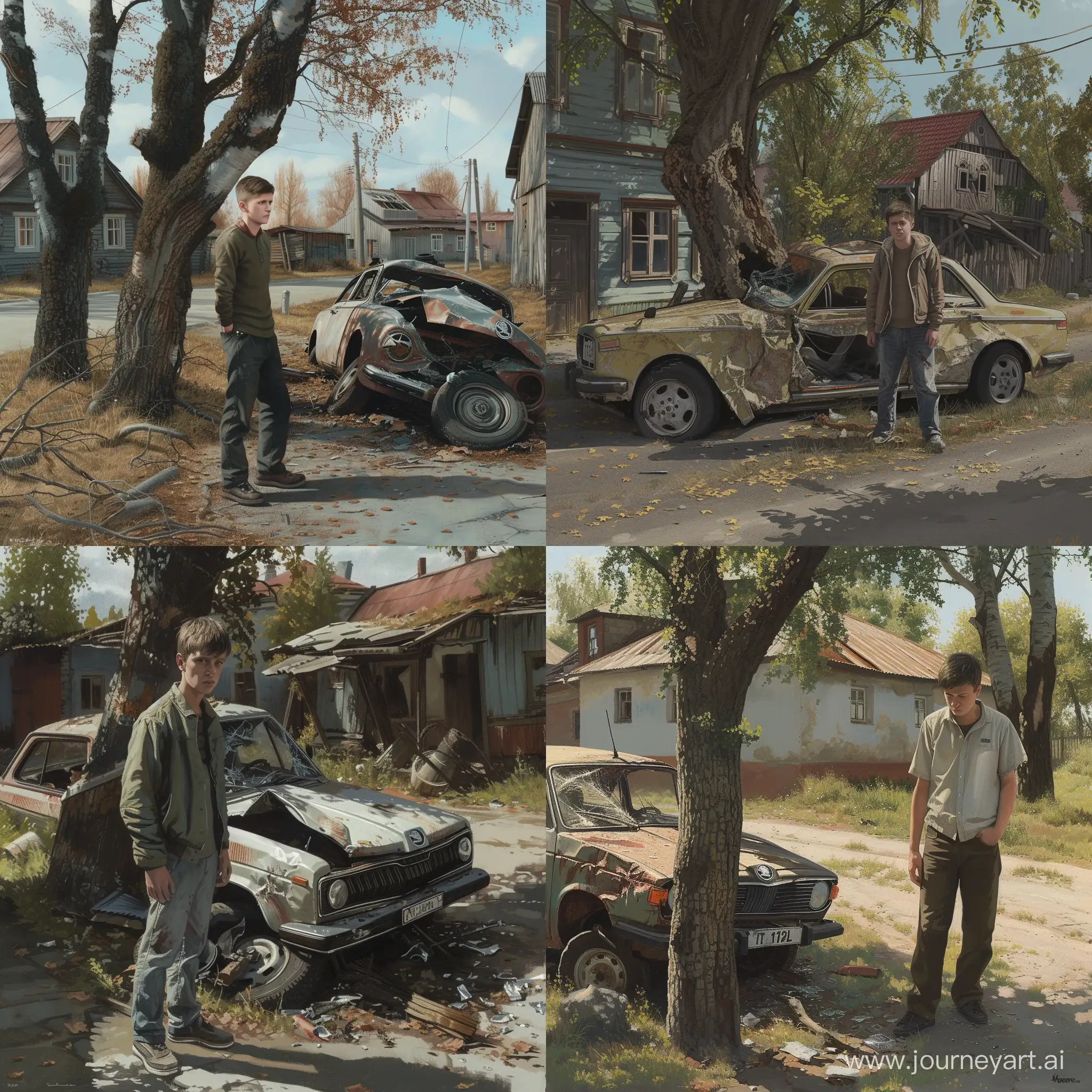Realistic art: young gay stands near his crashed skoda 120L. Car is crashed from colliding with tree. Location: Roadside near post soviet village.