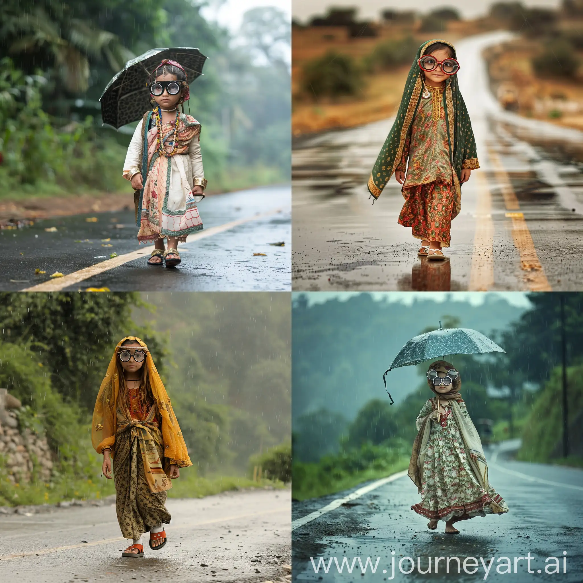 girl walking down the road with big specs and wearing traditional clothes in rain without an umbrella