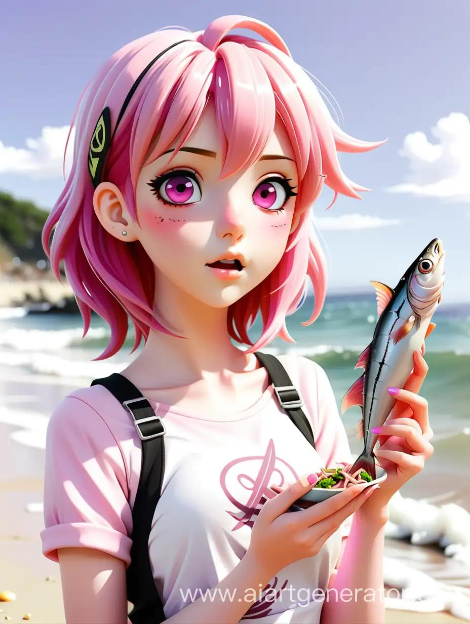 анимешная девушка с розовыми волосами на пляже держит анчоус в руках
