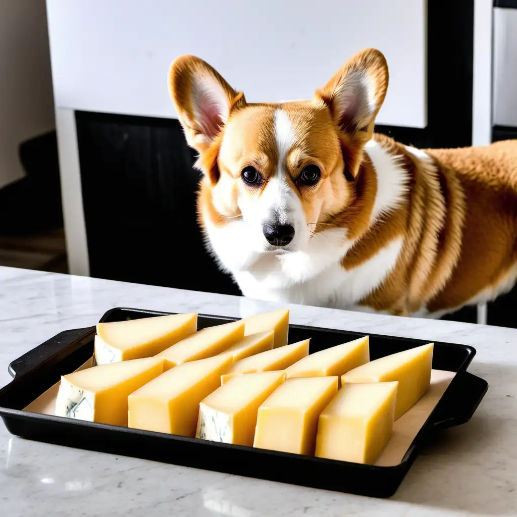 a corgi looking at a tray of provolone cheese slices on the table