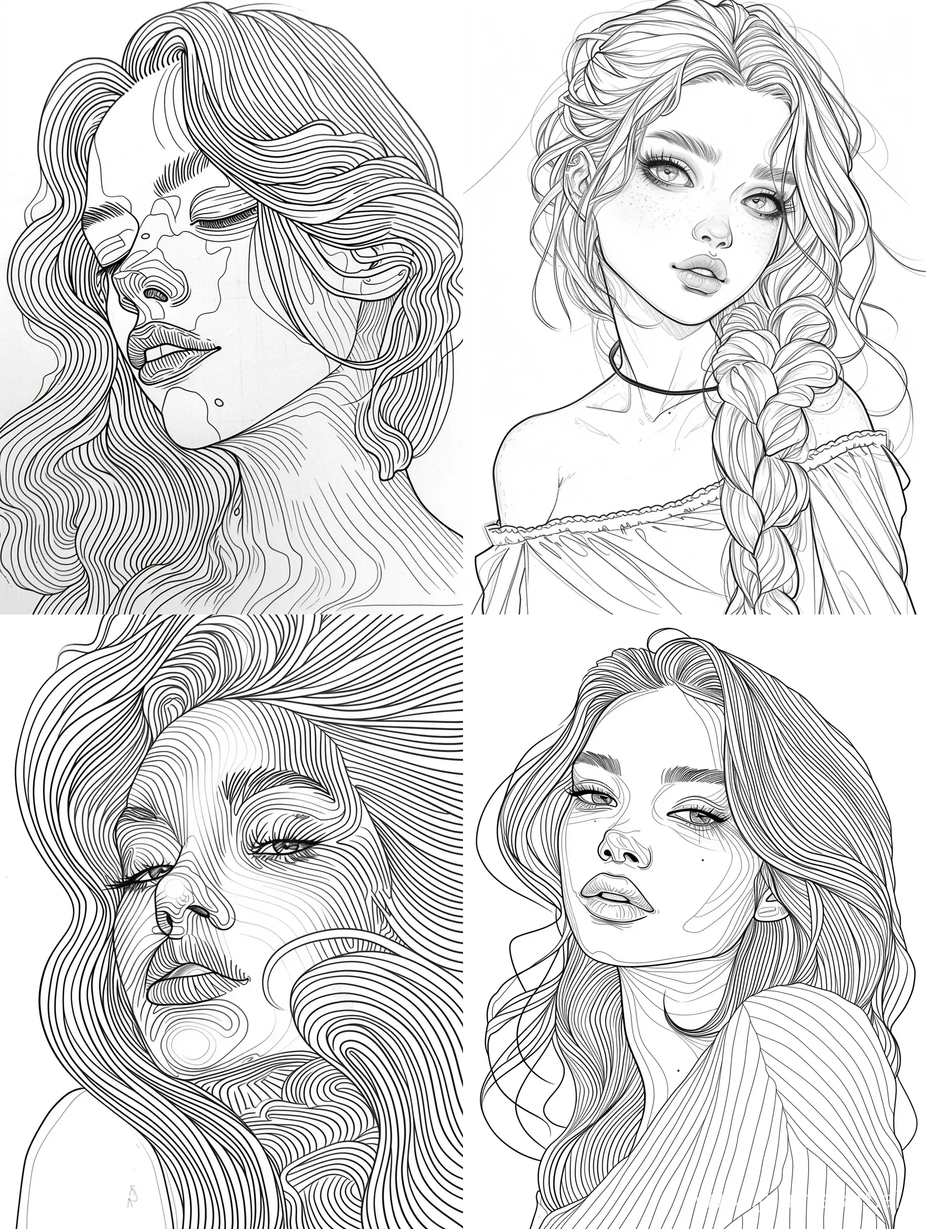 (((in the style of bearbrickjia))), creative art drawing, fashionable art girl, fine lines, white background, art, black and white coloring, black and white image, black and white linear image, coloring page, (((black and white))), line art