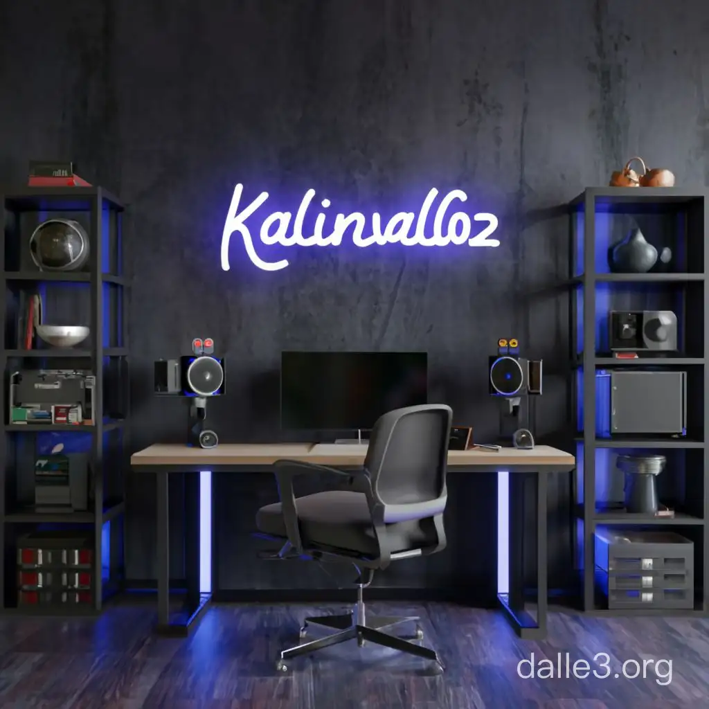 /dalle нарисуй игровую комнату с компьютером ,подсветкой ,высоким качеством и надписью kalinval162 крутым шрифтом