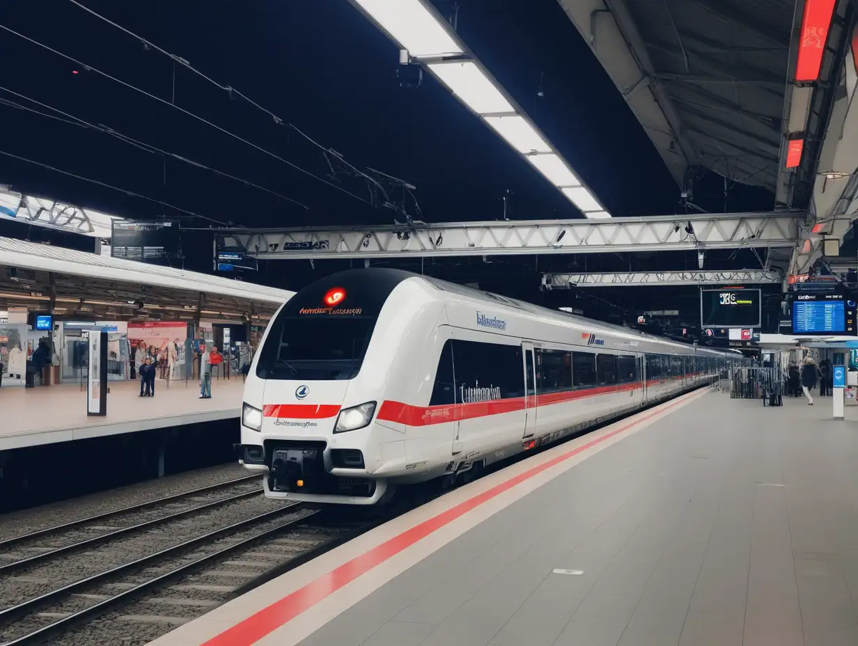 Der Bahnsteig eines deutschen Bahnhofs. Am Gleis steht ein weißer InterCityExpress-Zug mit einem roten längsstreifen Über dem Bahnsteig hängt eine blaue Anzeigetafel. 