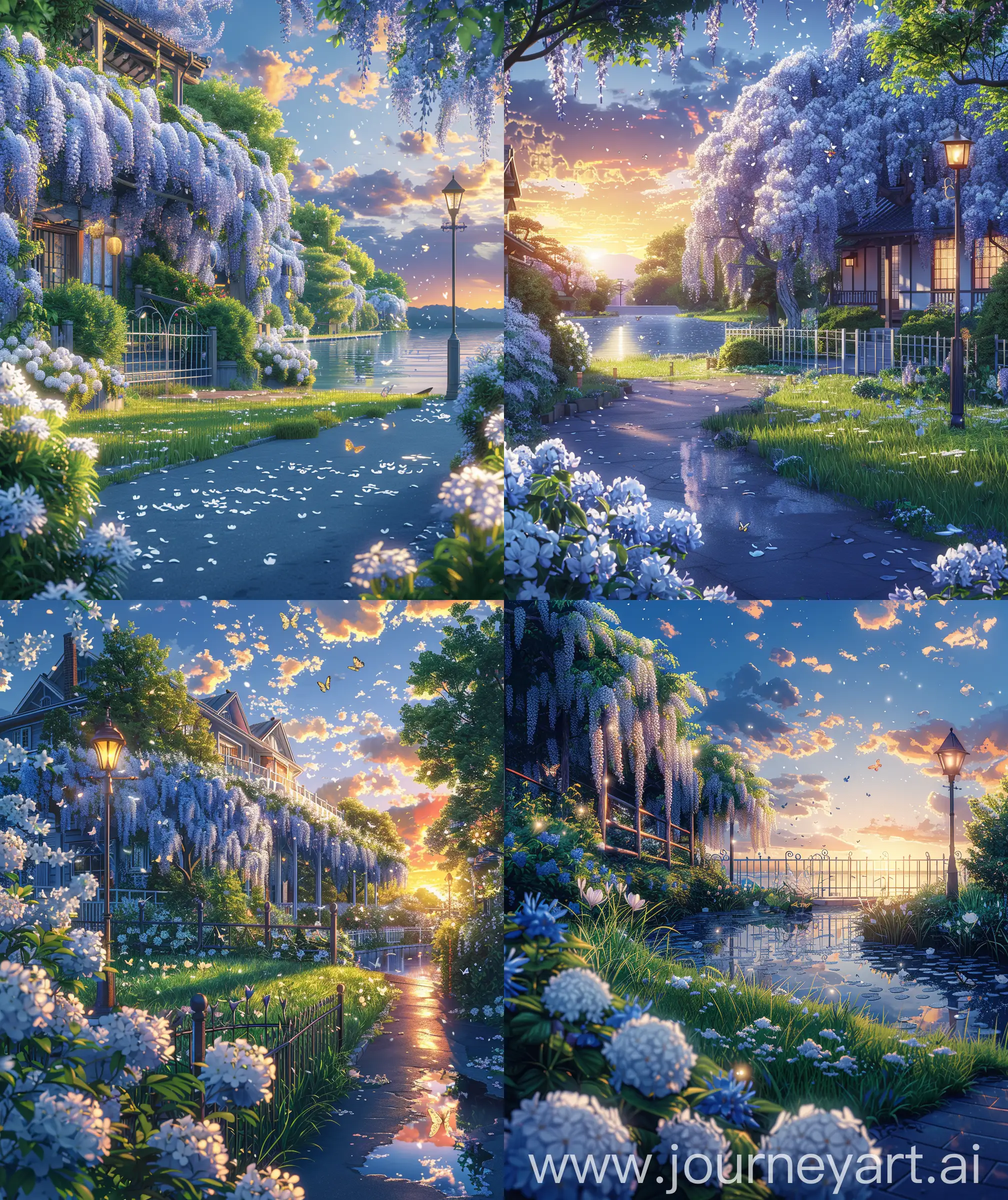 Beautiful anime scenary, mokoto shinkai and Ghibli style mix, direct front facade view of lily pier , wistera garden, pond,, grass, pavement road, white and blue flowers flowers, fence, bushes, lamp post, sunrise view , small butterflies" close up, vibrant and quite look, ultra hd, High quality, sharp details, no hyperrealistic --ar 27:32 --s 400