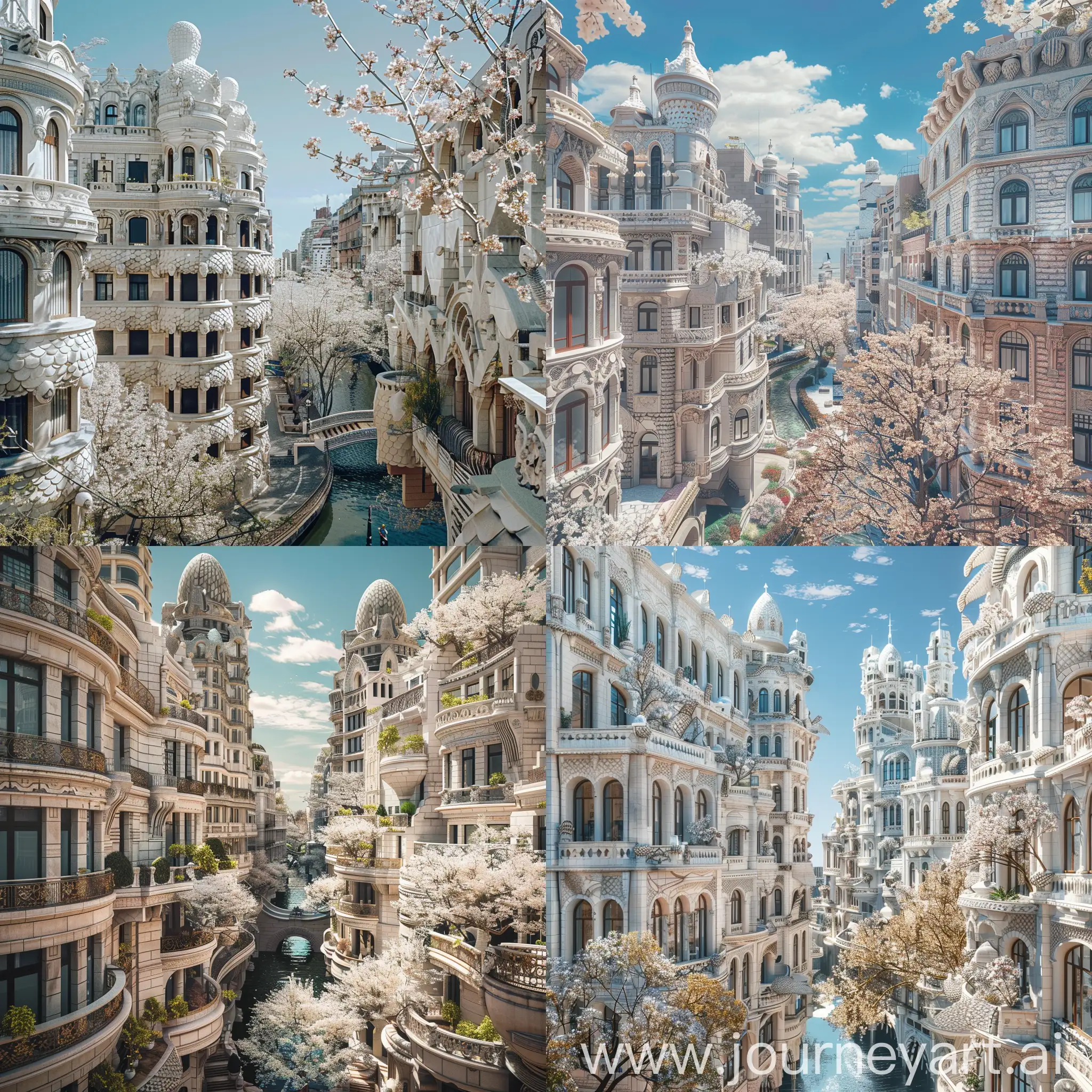 Beautiful futuristic metropolis in an alternate timeline where all buildings retain traditional elements, ornate travertine architecture with scale-like patterns on facades and blossoming trees, monumental terraced buildings, canals, Buenos Aires vibe, spring, blue sky, photograph