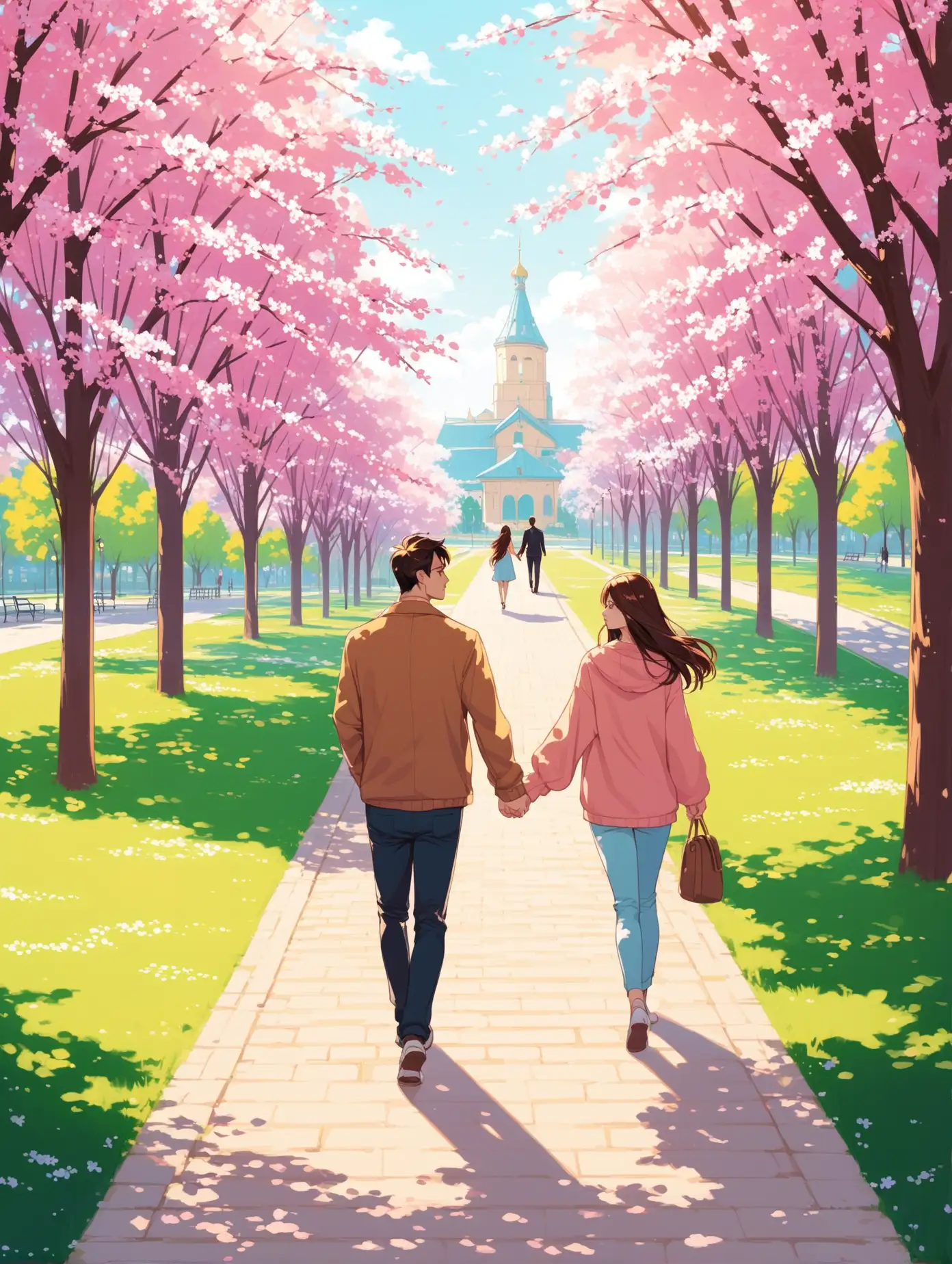 A girl walks with her boyfriend in a spring city park