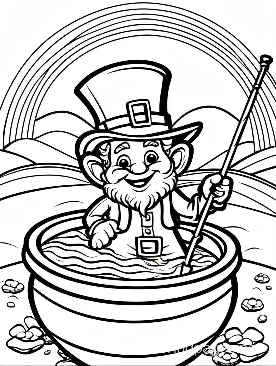 Leprechaun fishing in a pot of gold for St. Patrick's Day for kids dont coloring, Coloring Page, black and white, line art, white background, Simplicity, Ample White Space. The background of the coloring page is plain white to make it easy for young children to color within the lines. The outlines of all the subjects are easy to distinguish, making it simple for kids to color without too much difficulty