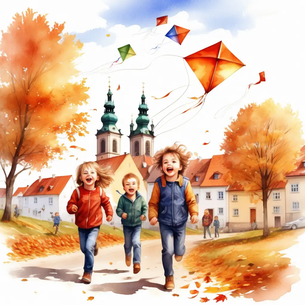 Children Flying Kites in a Picturesque Autumn Village