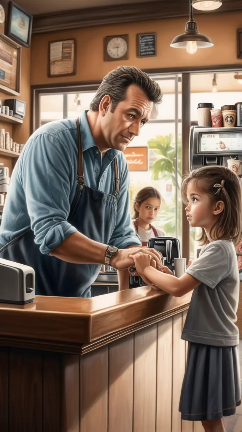 a middle aged man and a child, one stands behind a counter, in a coffee shop, the child is paying for her drink, the man feels uncomfortable for taking her money