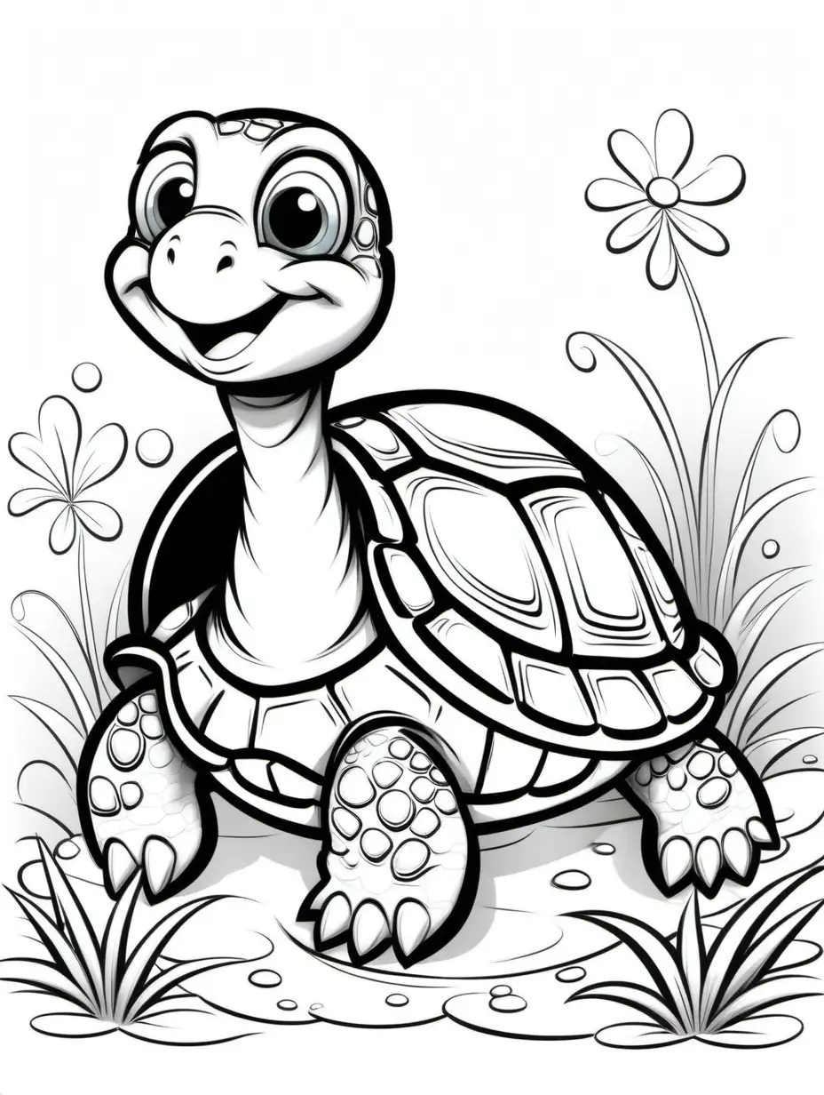 Adorable Cartoon Turtle Coloring Page for Kids 35 Black and White Fun