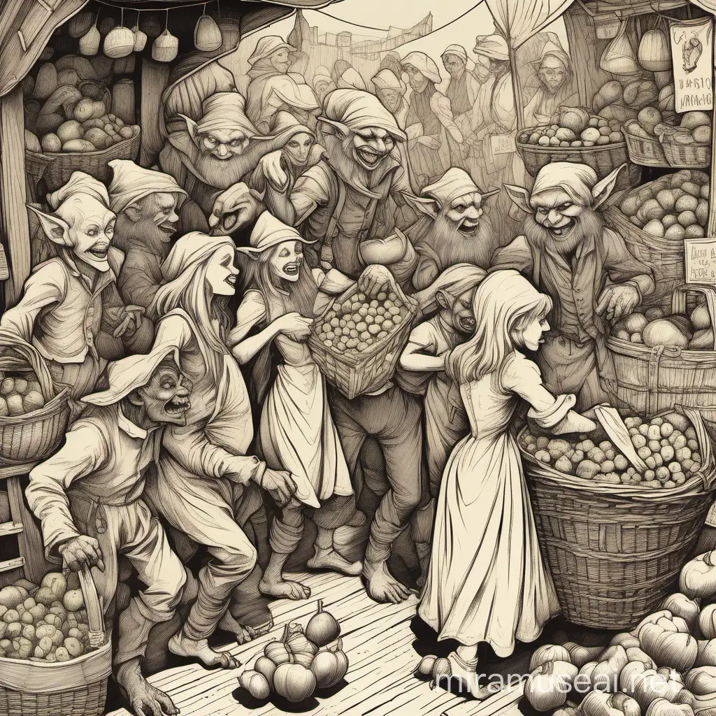 simple line art of Goblin Market Bustle: Depict a goblin market with four goblin trading and bartering in a lively market with stalls 
