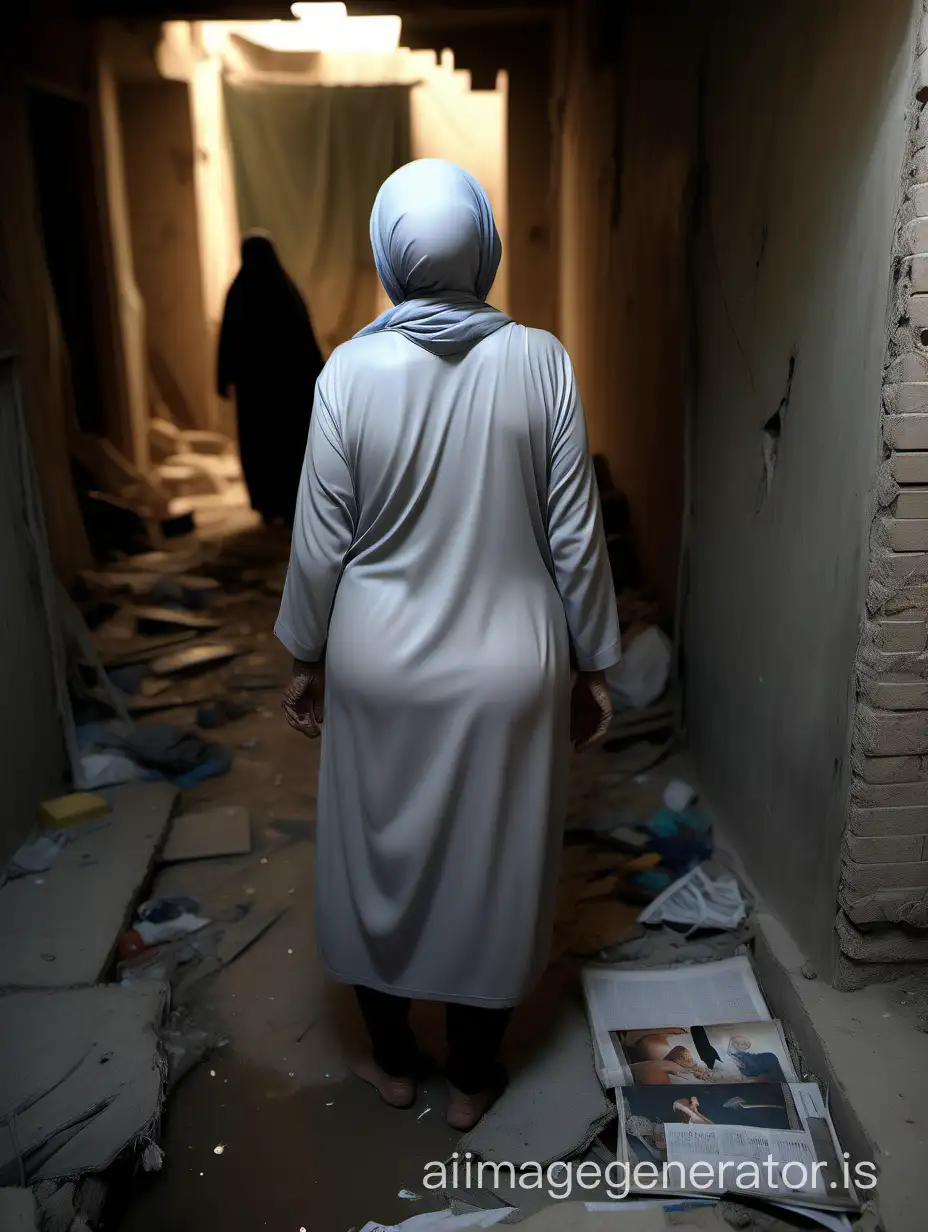 Elderly Afghan Granny with Hijab in Gaza Strip Basement Realistic Portrait  with Focus on Buttocks | AI Image Generator