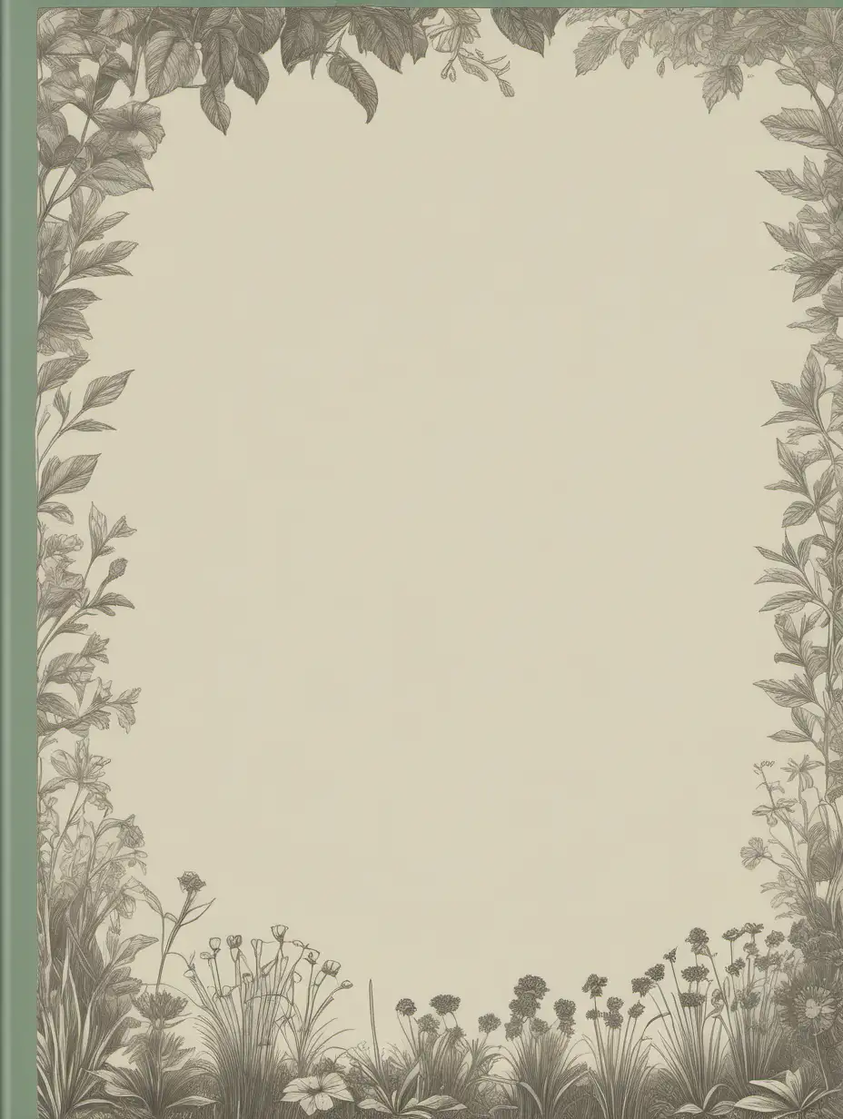 A book cover, mostly blank, with a subtle border referencing gardening