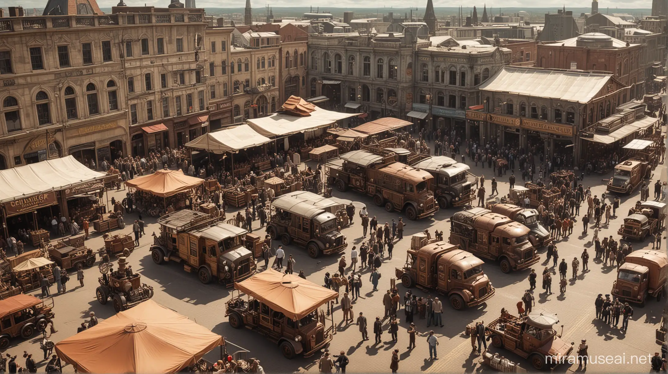 steampunk market place. view from a high building. many people in steampunk suits.  some steampunk trucks with  goods to sell. sunny. some clouds