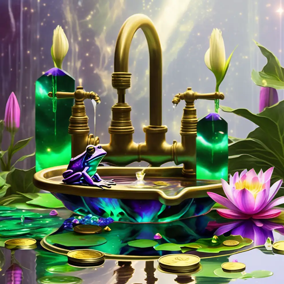 2 frogs swimming in the pond in the sink. Dripping neon green purple crystal liquid abundance. Gold B coins. Sacred geometry sun rays. Crystal cubes. Crystal lotus flowers. Gold crystal lily pads. 