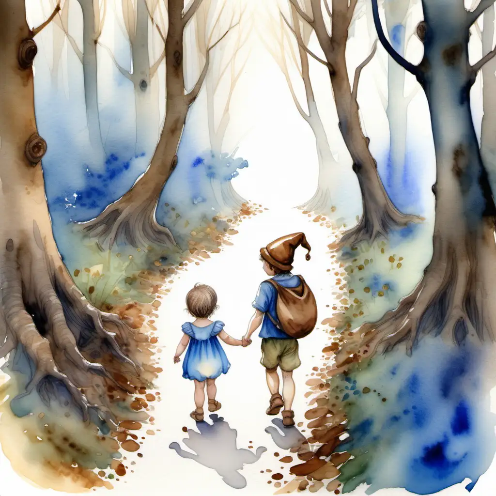 Watercolour fairy story.The back of a dark haired, blueeyed male pixie in a brown acorn shaped hat and the back of a baby girl  with short flowing loose dark blonde hair, no hat, walking into a fairy wood.