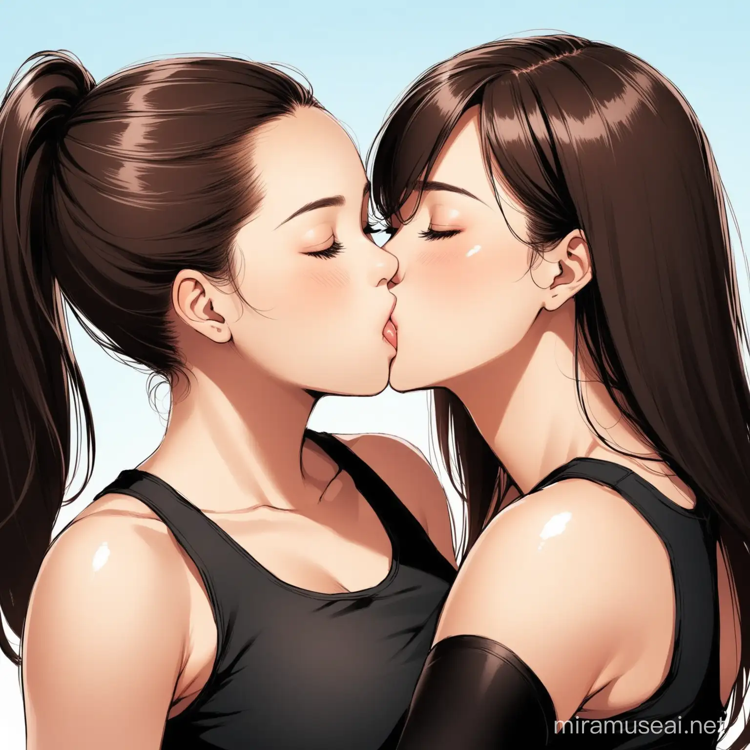 Affectionate Women Embracing in Black Athletic Tank Tops