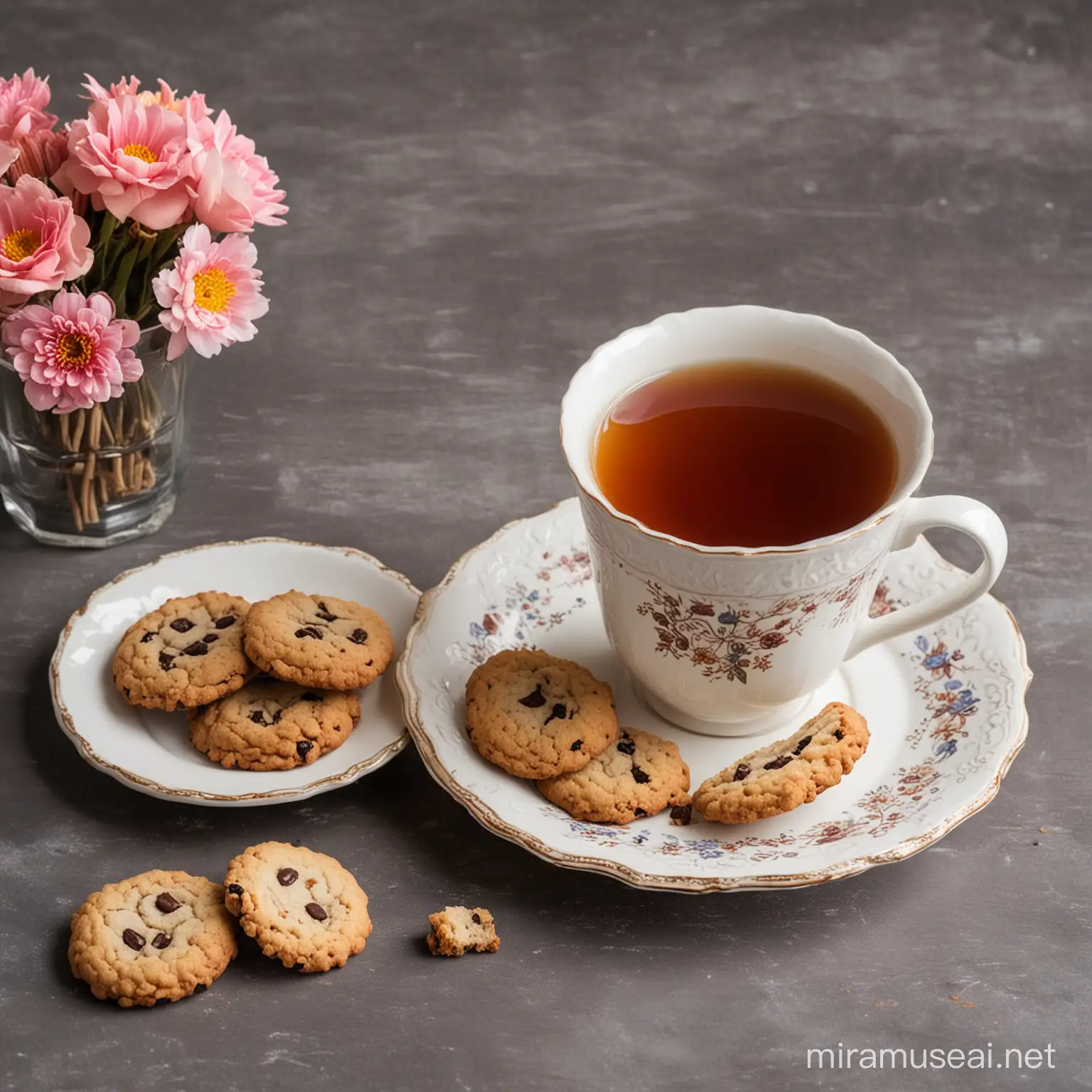 a cup of black tea and a etagiere with cookies