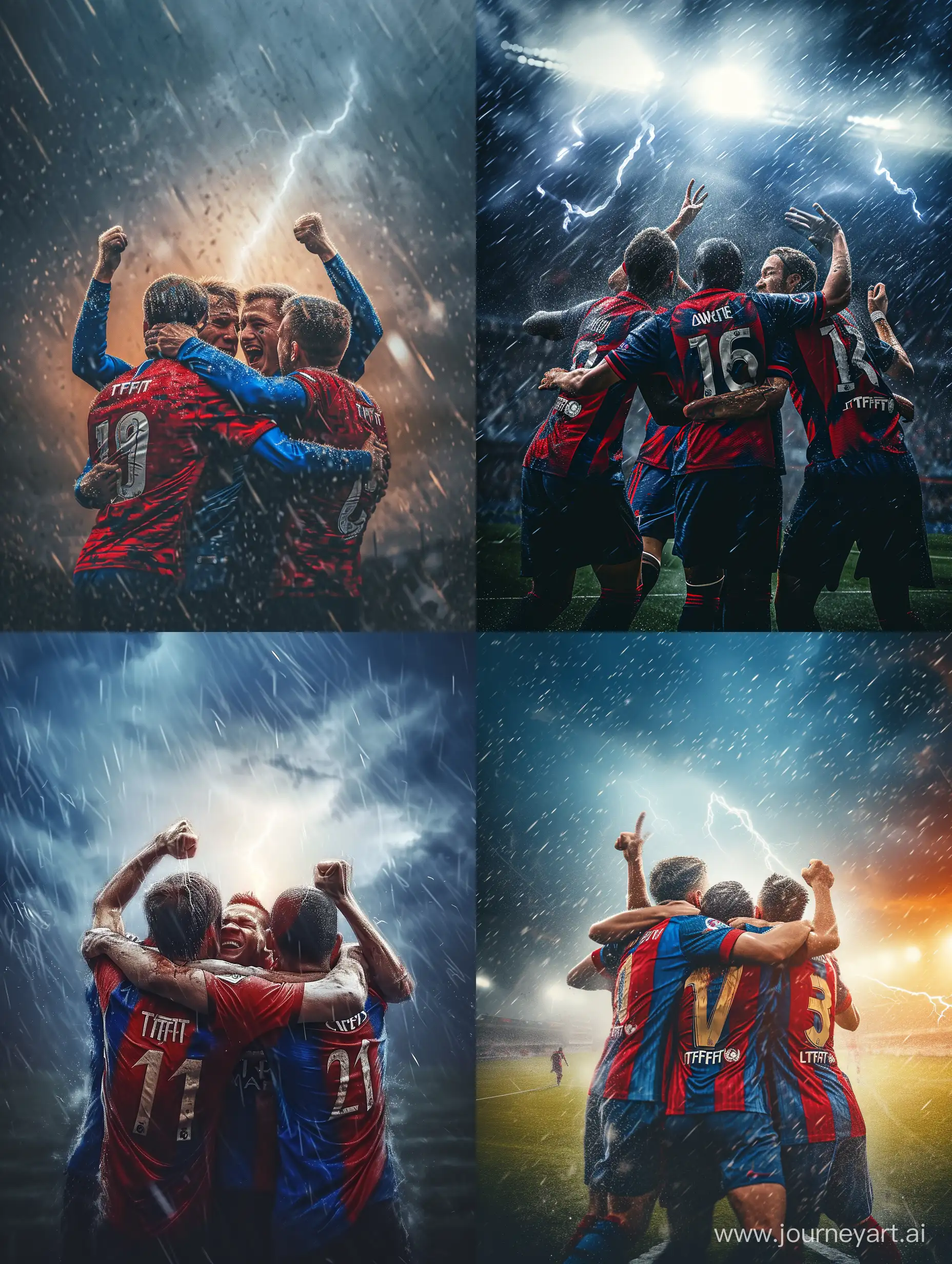 Ultra realistic, 4 soccer players do a goal celebration. hug while raising hands. red and blue jersey. there is 'TFFT' written on the jersey. on the syntactic field. storm and lightning background. refraction of sunlight canon eos-id x mark iii dslr --v 6.0