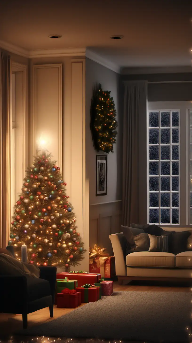 Cozy Christmas Home Scene with Warm Lights Photorealistic and Hyperrealistic Festive Ambiance