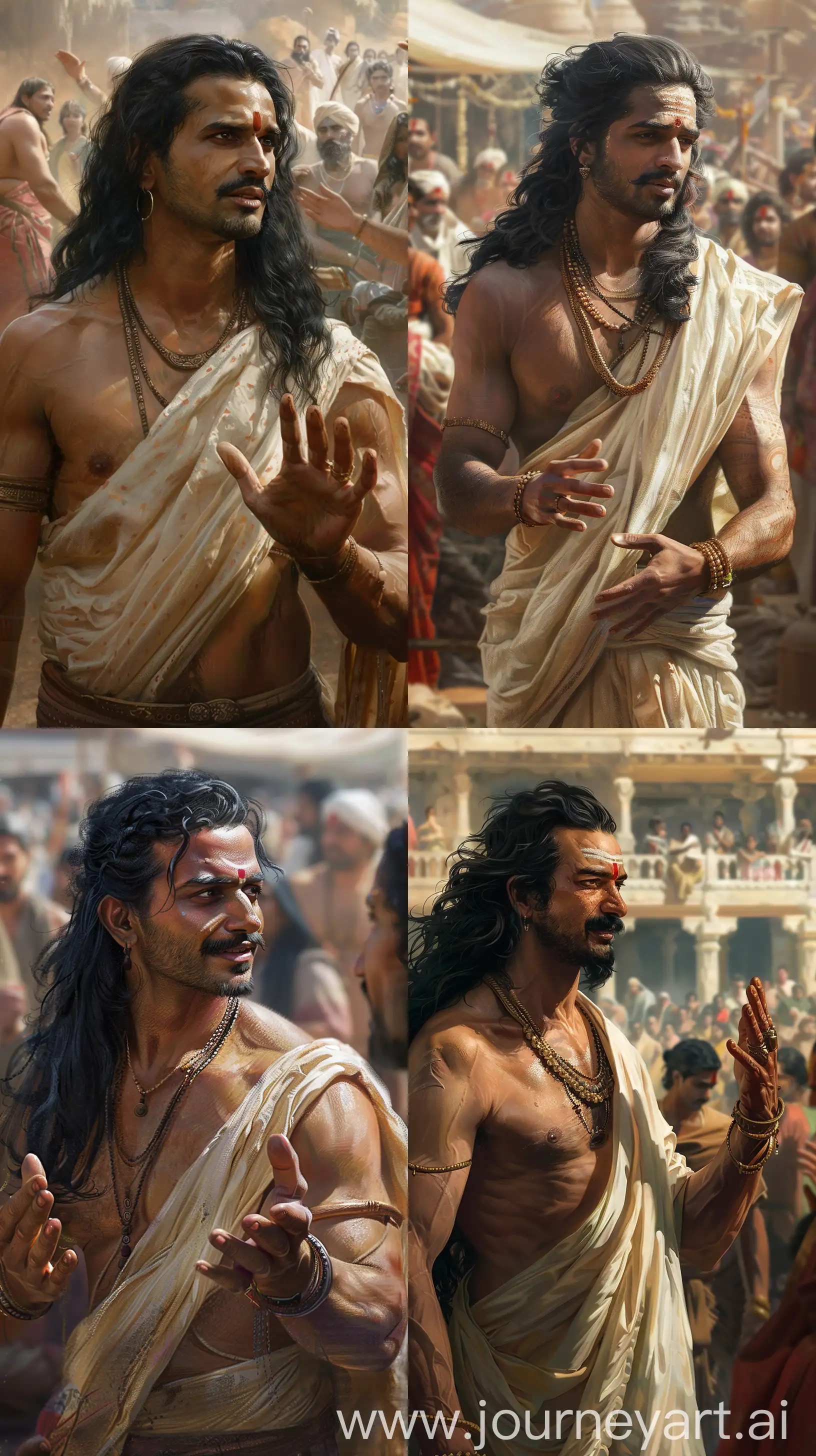 Ancient Indian man in his forties with black long hair and just a moustache, standing pose, seen as if having a conversation with someone, hand gestures, high resolution, little crowdy background --ar 9:16 --s 200 --v 6