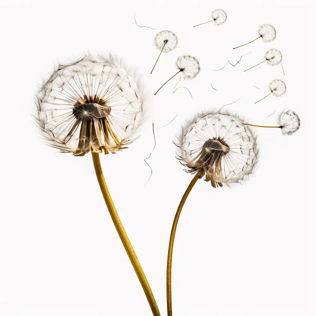 single dandelion puffs  floating in the wind with a white background



