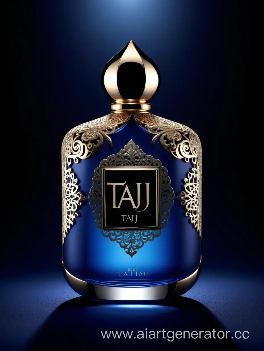 matt blue perfume))), textured crafted with intricate 3D details reflecting light around a ((black background)), with a elegant ((Taj text logo))