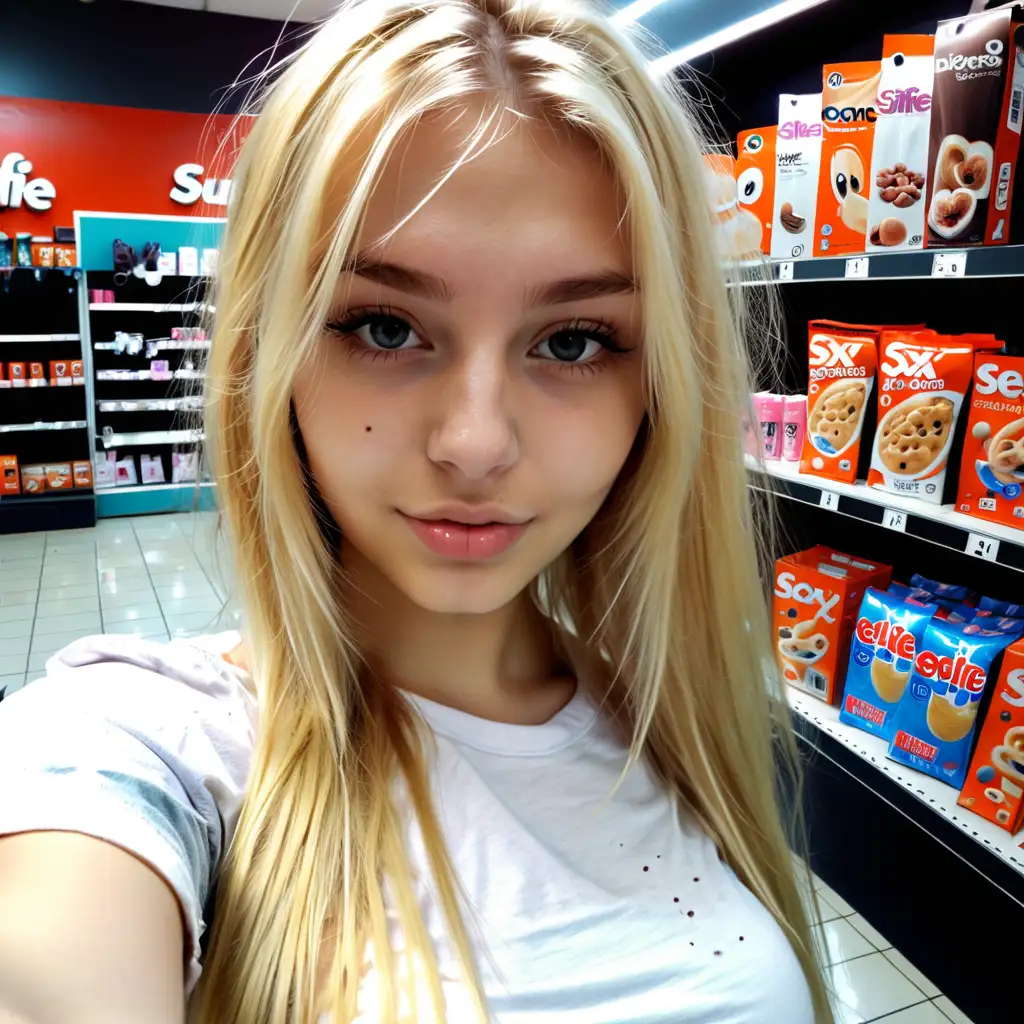 20 years old girl, blond hair, big teets, sexy, selfie in shop