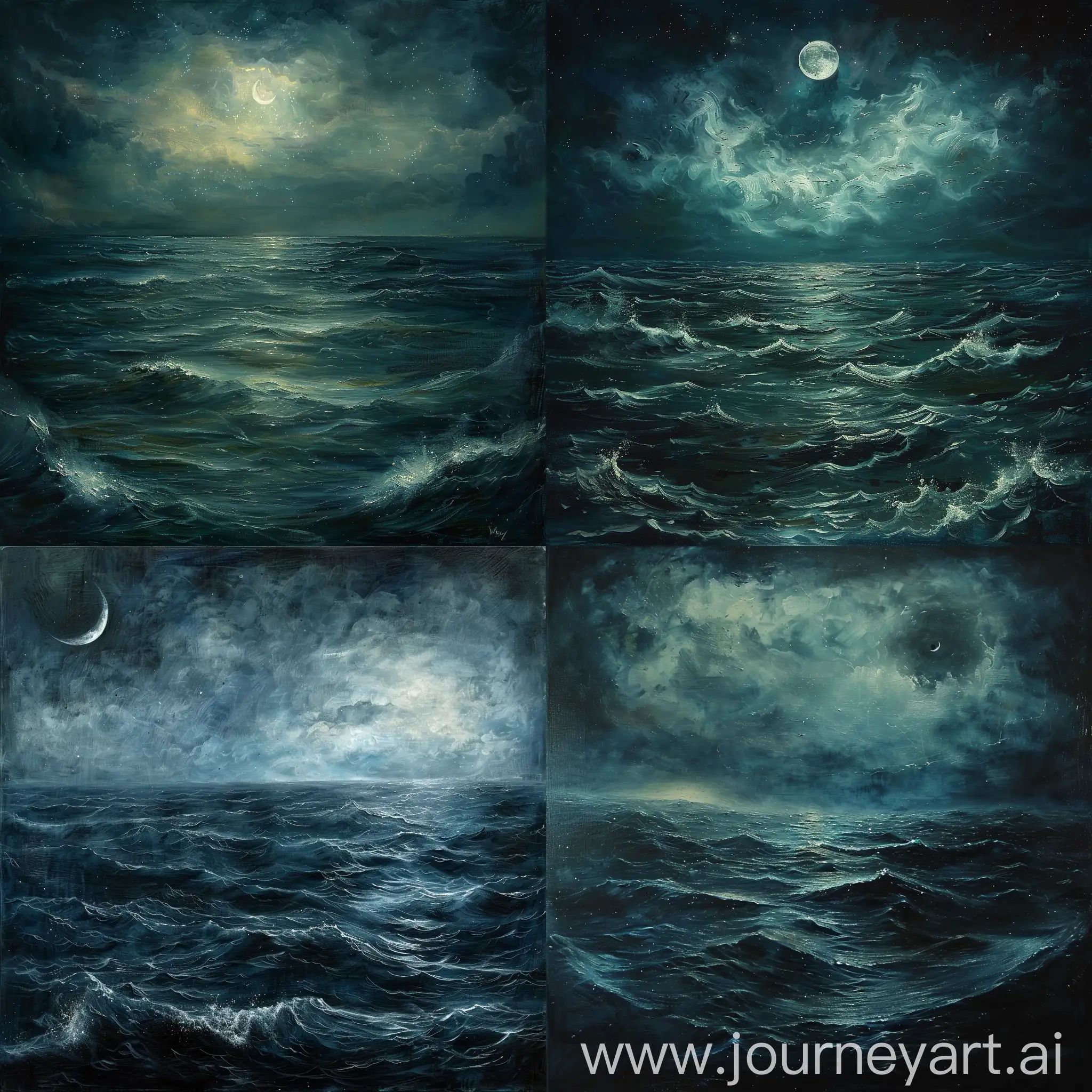 Art for an audio cd cover witch depicts a slightly serene nightmarish night sea, dark oil painting style