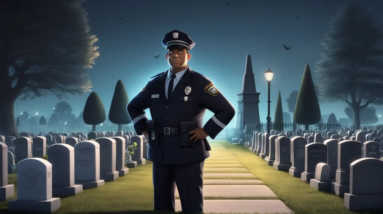 american cartoon, cinematic lighting, 1man, security guard, working at cemetery