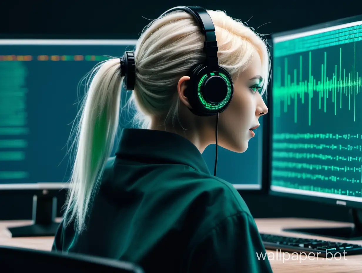 AI voice assistant, in the frame a female programmer with platinum blonde hair from the back, There is a microphone on the desk, complex code on the screen, monitor not big, colors black, green, blue, orange