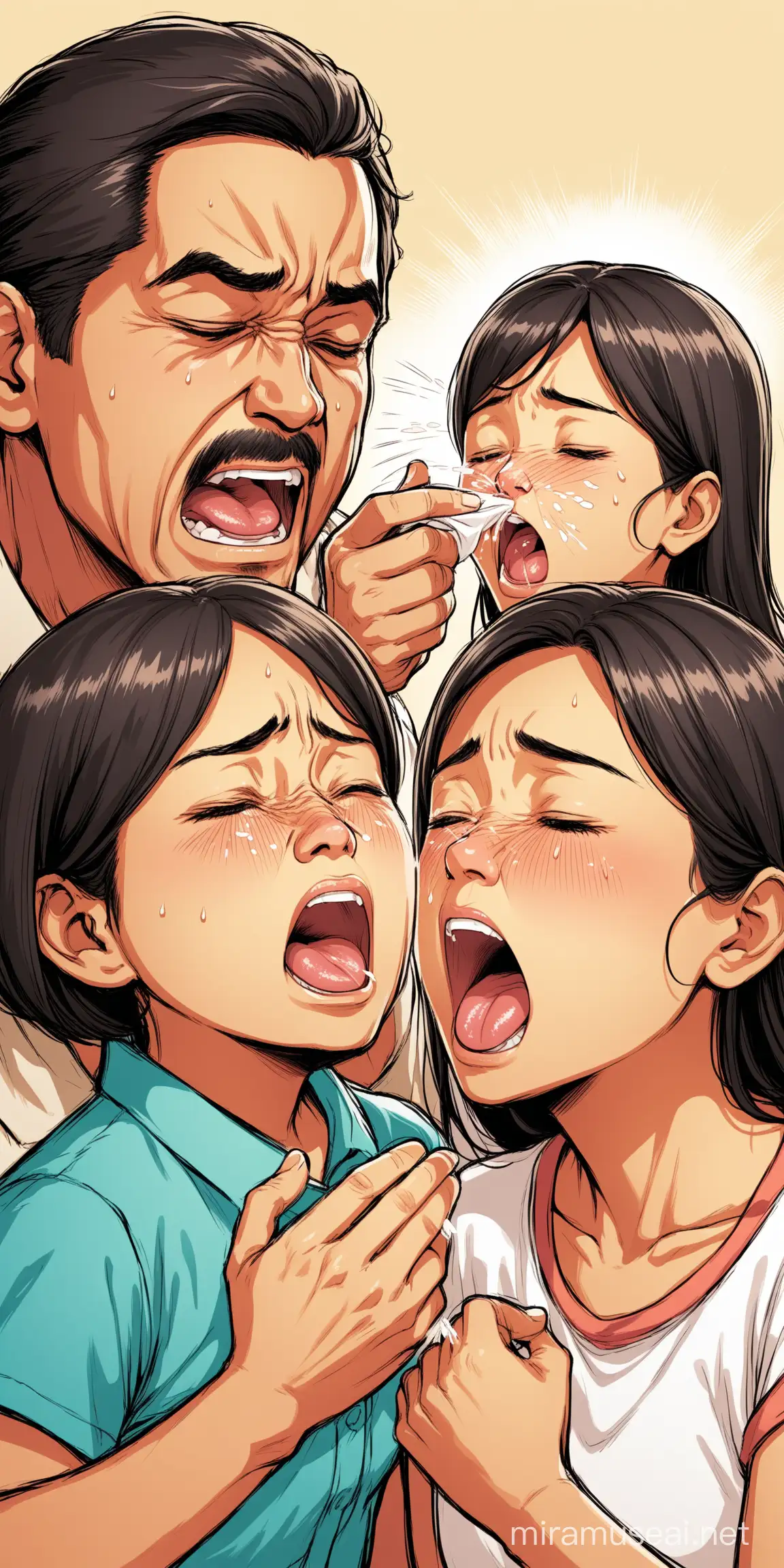 drawing illustration of Hispanic family coughing and sneezing painfully