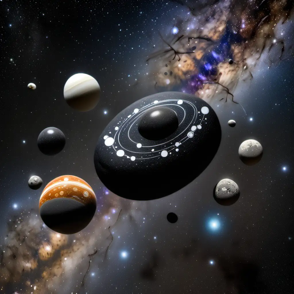 Enchanting Black Pebble with Orbiting White Planets in Milky Way Galaxy