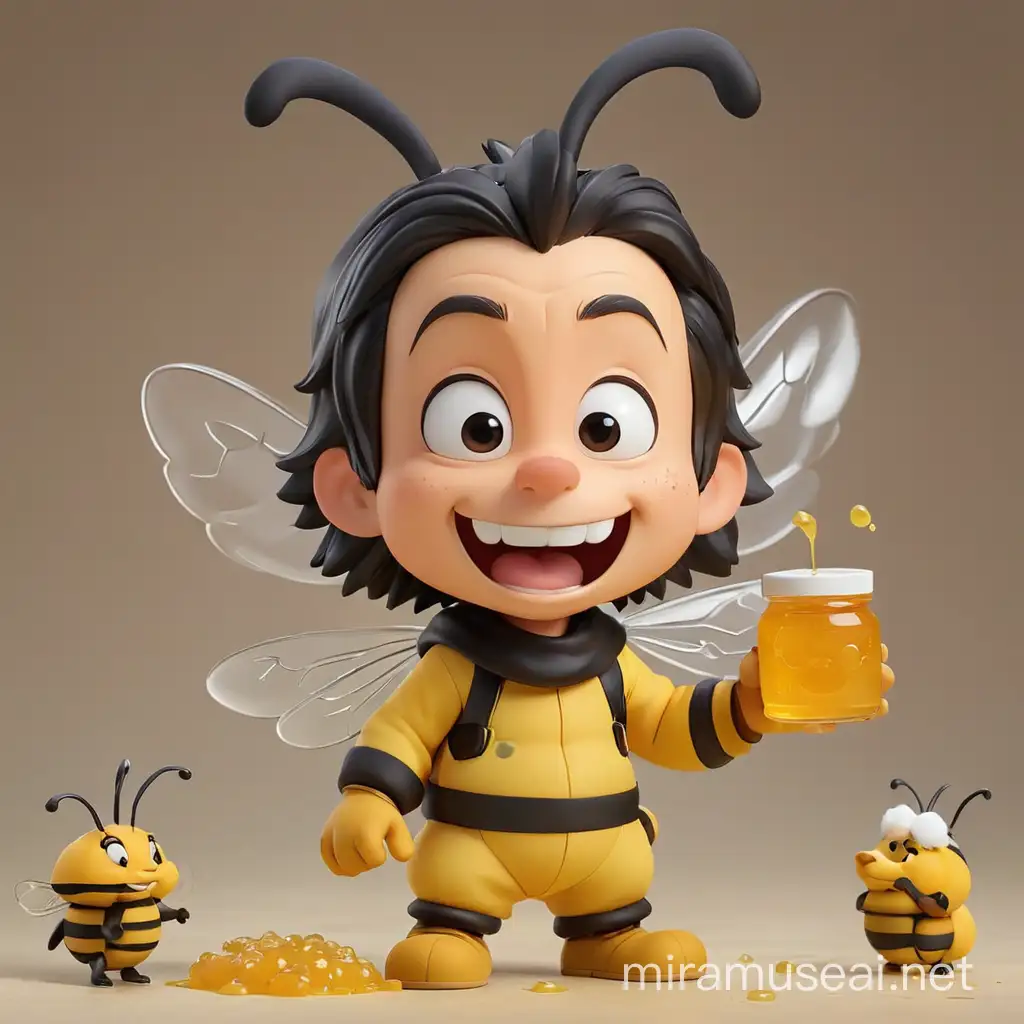 Create a Nendoroid Chibi version of Disney's Goofy wearing bee costume holding a jar of honey, with cute bees around him.