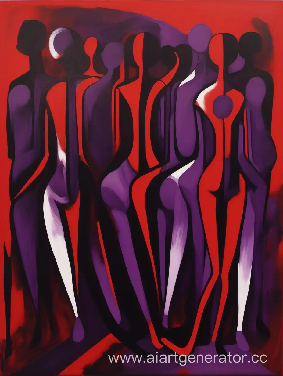 абстрактная картина с фигурами, в красных, черных и фиолетовых цветах